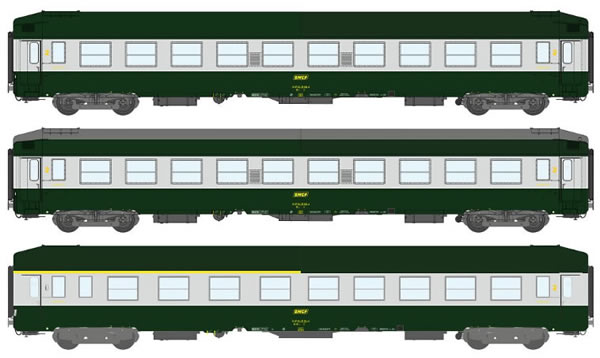 REE Modeles VB-187 - French SNCF Set of three UIC Sleeping Coaches (2 x B9C9x / 1 x A4C4B5C5) Green 302 / ALU, Yellow Lo